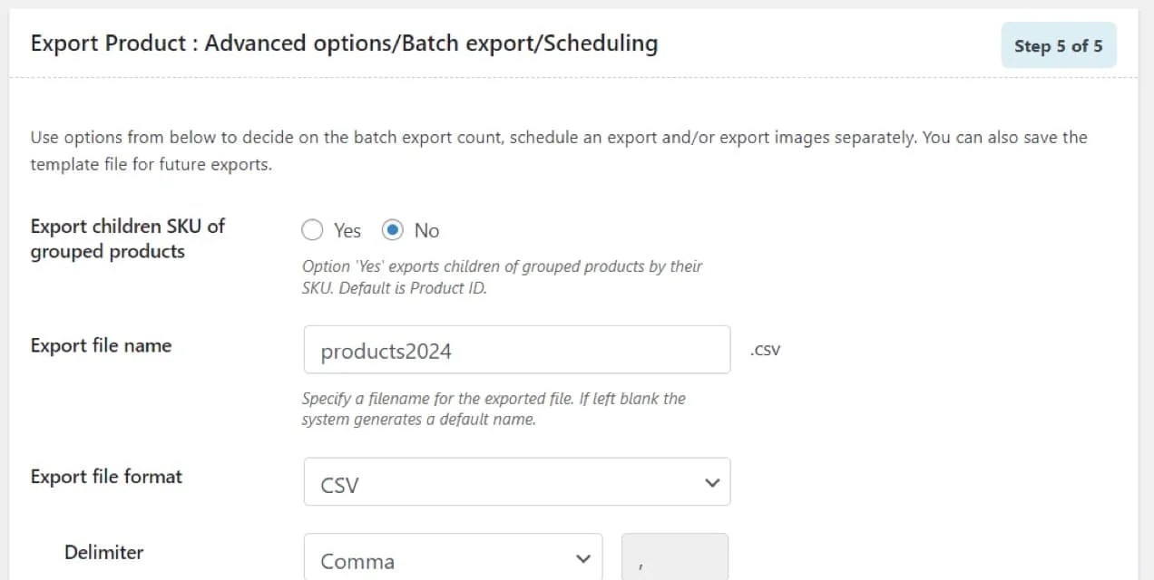 export product advanced options