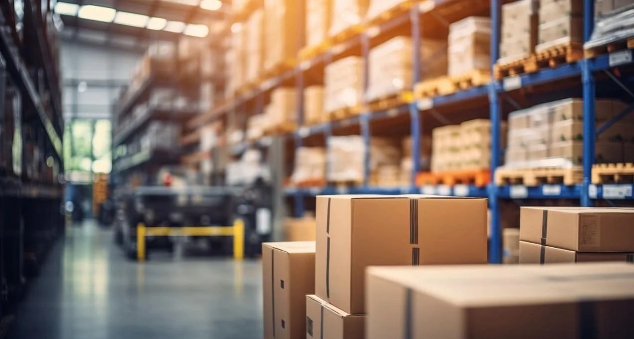 stack of shipping boxes inside of a warehouse