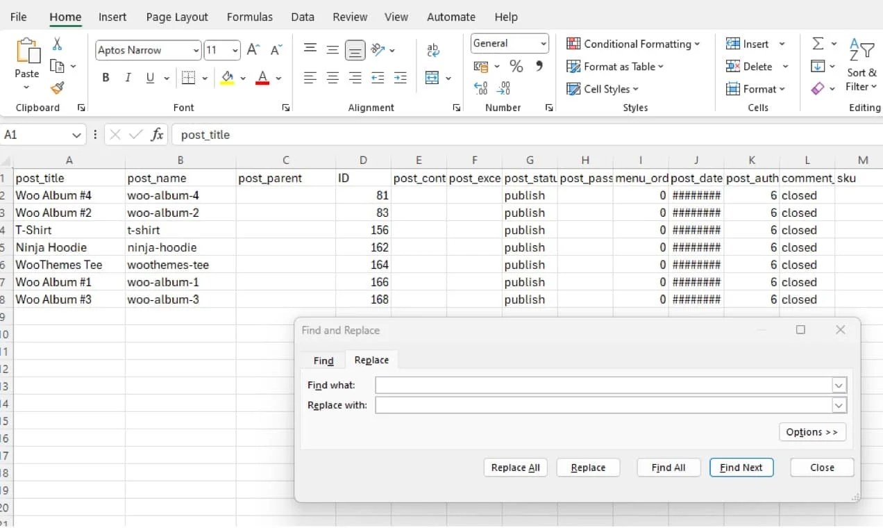 Excel spreadsheet and the find and replace function