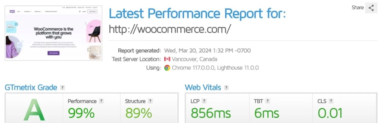performance report for WooCommerce.com