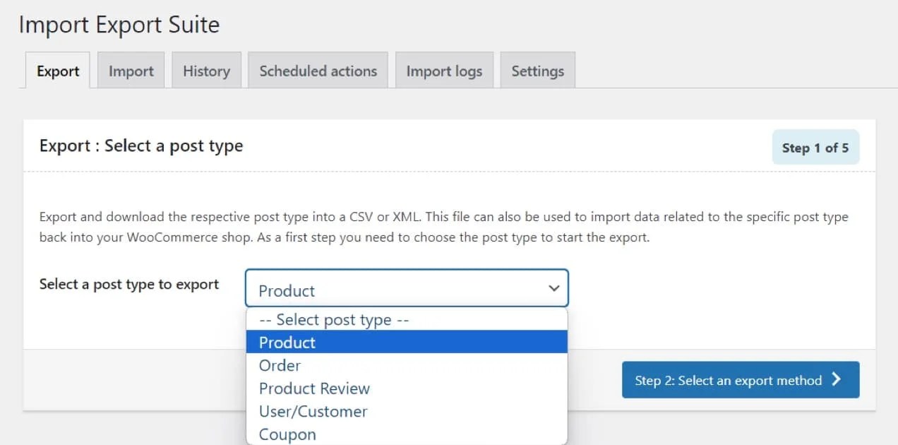 import export suite selecting a post type