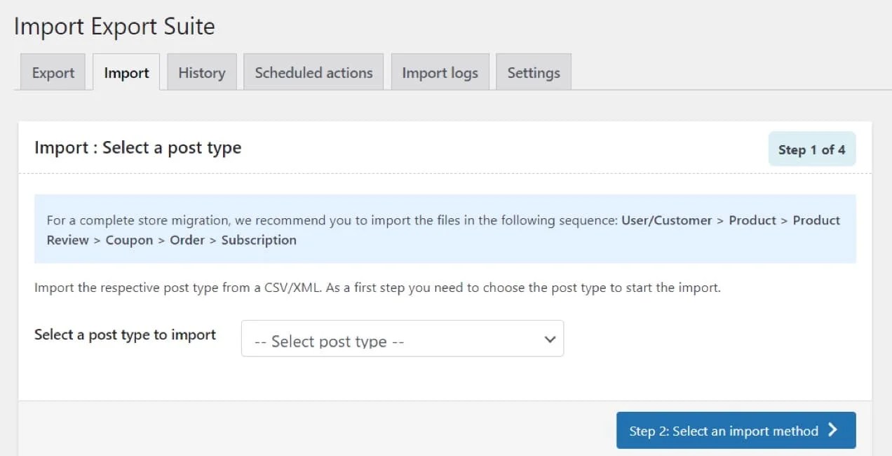 selecting a post type to import