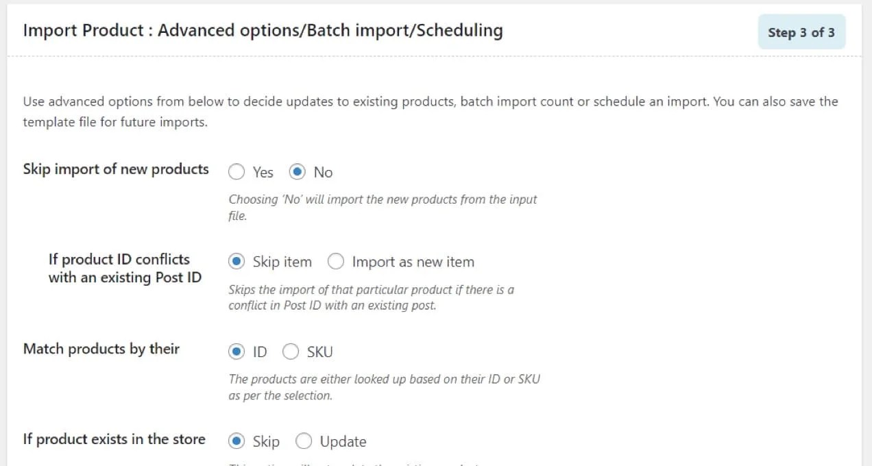 import product advanced options