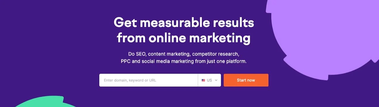 SEMRush homepage with a purple background