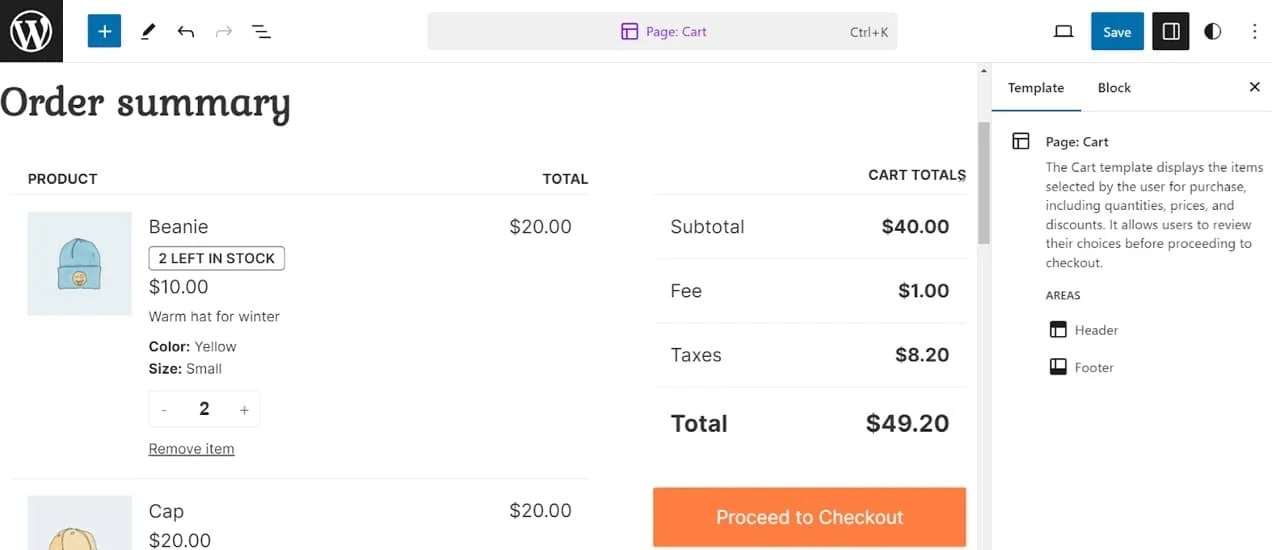 order summary on a cart template