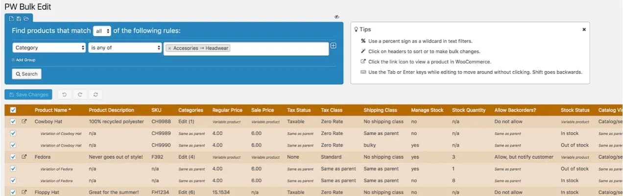 PW WooCommerce Bulk Edit table