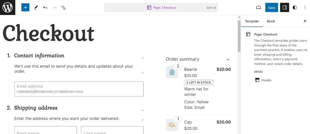 editing the Checkout page template