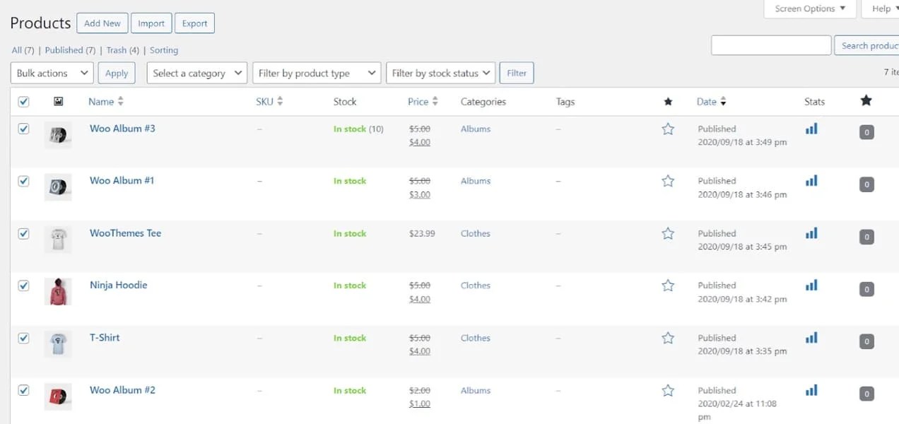 bulk selecting products in the Woo dashboard