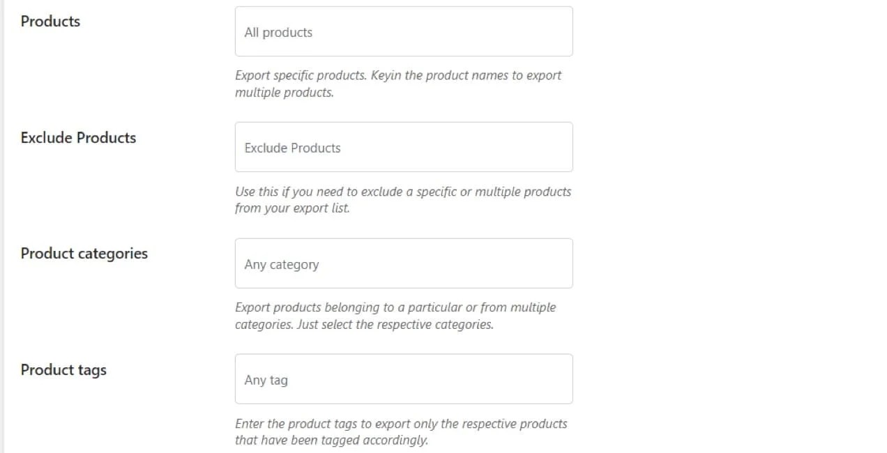 options for products, excluding products, categories, and more