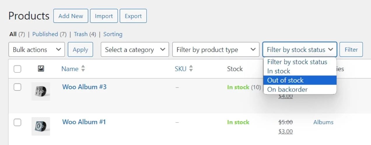 filtering by out of stock products