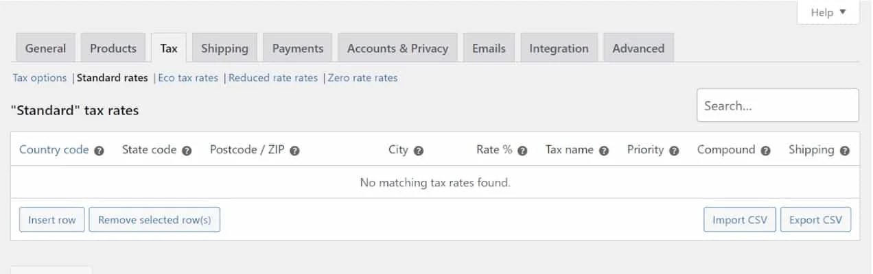 standard tax rates settings