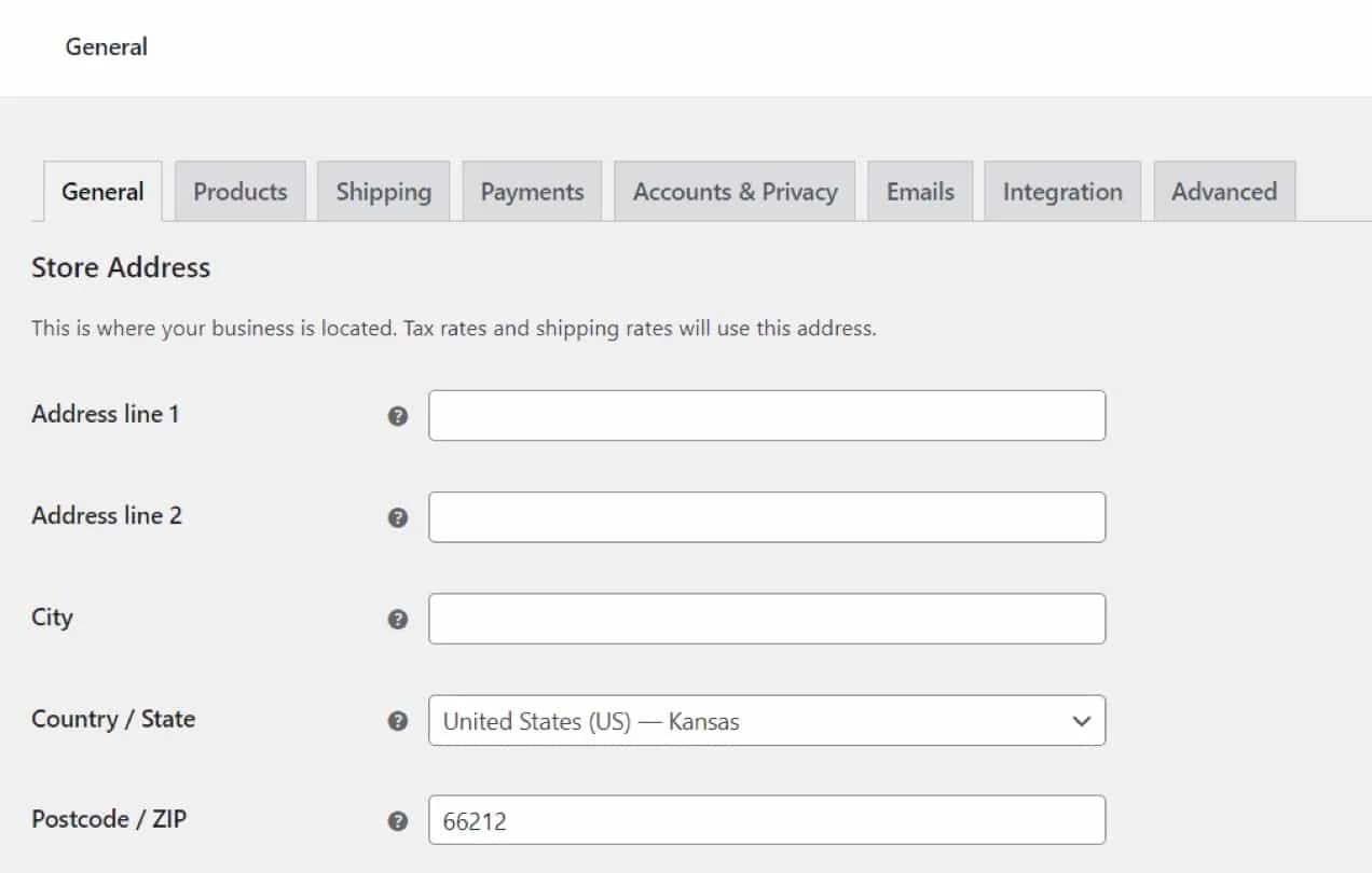 store address settings in WooCommerce