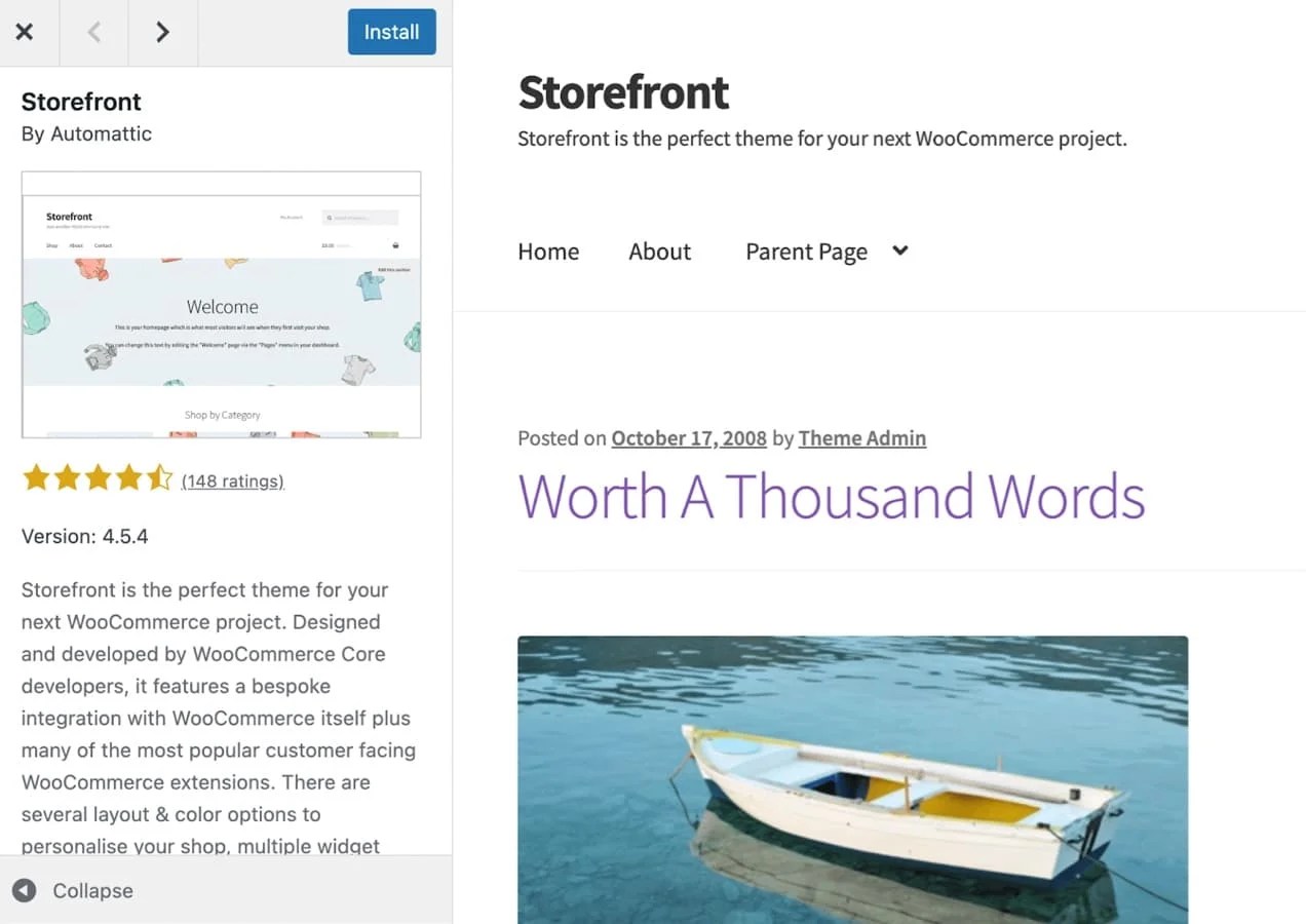 adding the Storefront theme to WordPress