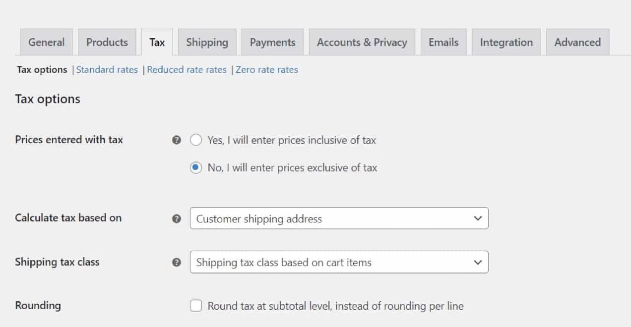 settings for taxes and pricing