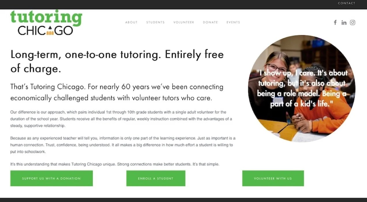 Tutoring Chicago website with logo, text, and three green buttons