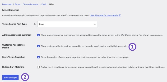 dditional Terms Pro Misc settings showing the Customer Acceptance Details option enabled for displaying accepted terms on order confirmation and account pages