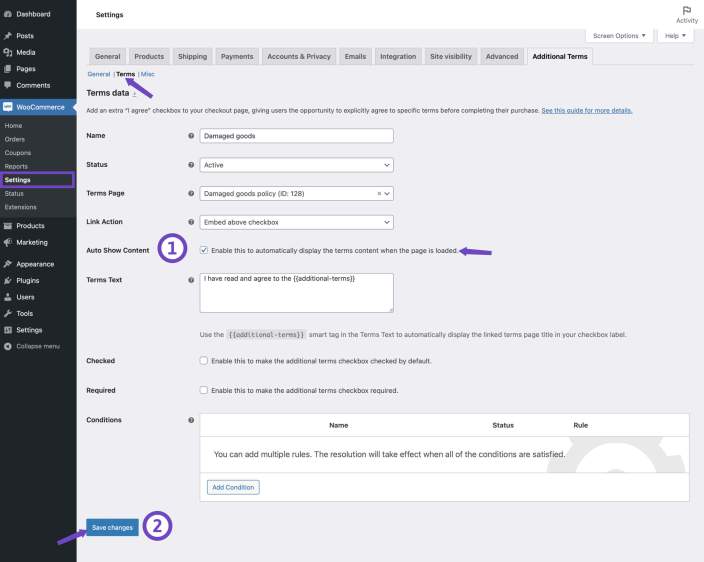 Auto show terms content on checkout page option