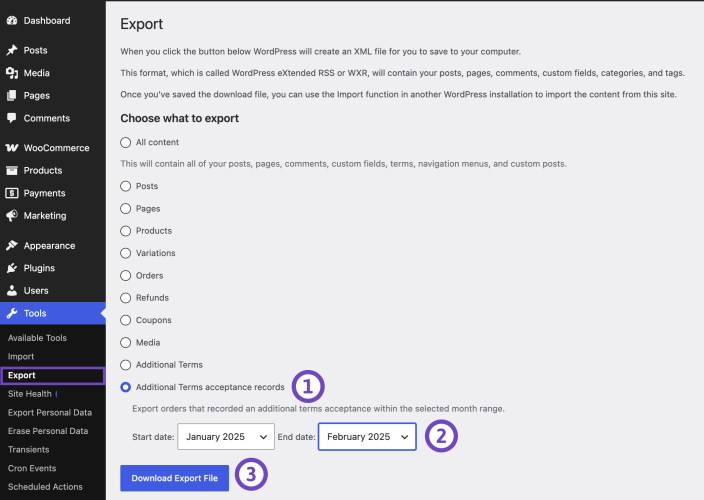 WordPress Export screen showing the Additional Terms acceptance records option with start and end date fields and the Download Export File button.