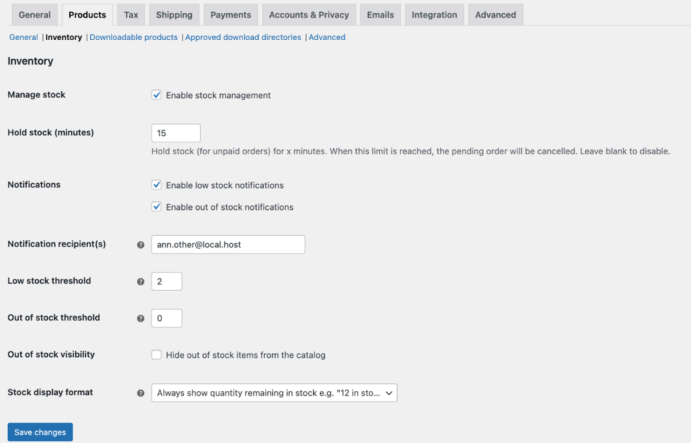 Product Settings > Inventory Inventory Settings