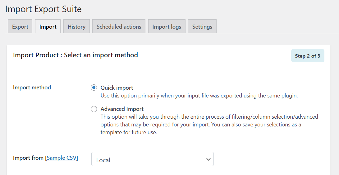 selecting an import method
