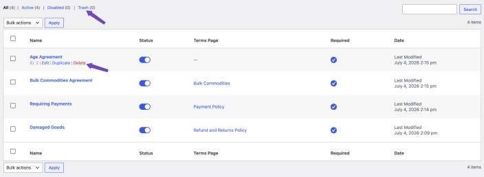 Additional Terms Pro terms list showing the Delete action and Trash filter for removing terms checkboxes.