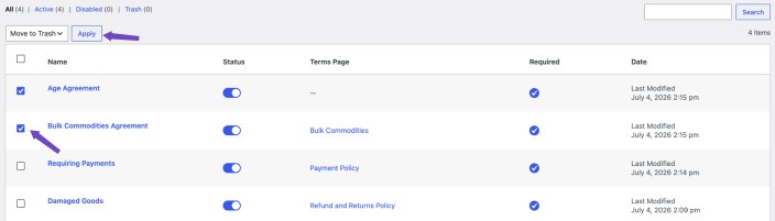 Additional Terms Pro terms list showing selected terms checkboxes and the Move to Trash bulk action.