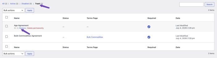 Additional Terms Pro Trash view showing deleted terms checkboxes with Restore and Delete permanently actions