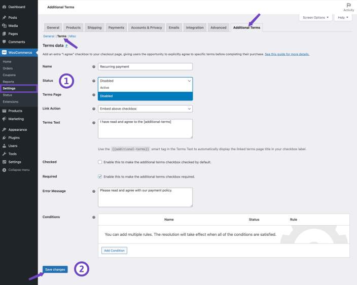 Status drop down menu