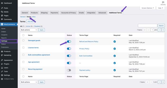 Terms status toggle 