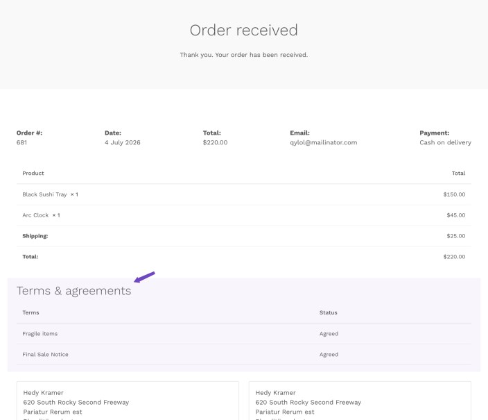 WooCommerce Order received page showing a Terms and agreements section with accepted Additional Terms after checkout.