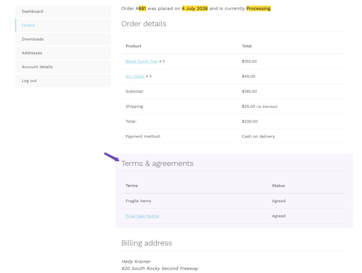 WooCommerce My Account order details page showing accepted Additional Terms agreements for a customer order.