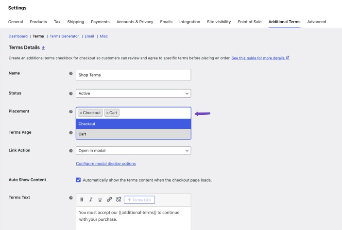 Additional Terms Pro terms editor showing the Placement field with Checkout and Cart selected for a terms checkbox.