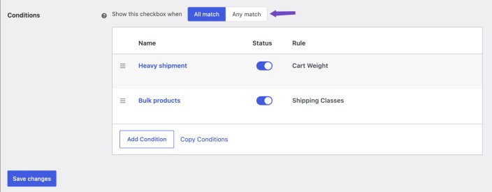 Additional Terms Pro conditions table showing All match and Any match options for controlling when a terms checkbox appears