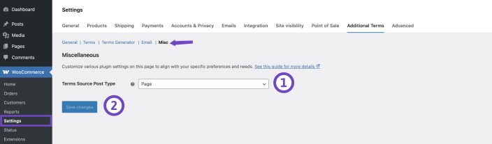 Screenshot of WooCommerce settings showing the Additional Terms tab with the Misc section selected, highlighting the Terms Source Post Type dropdown and Save changes button.