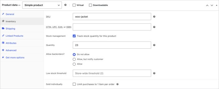 WooCommerce product Inventory panel with stock tracking enabled and a current stock quantity