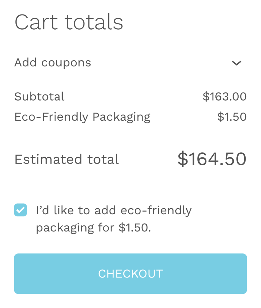 Cart totals showing a $1.50 eco-friendly packaging fee added after the checkbox is selected