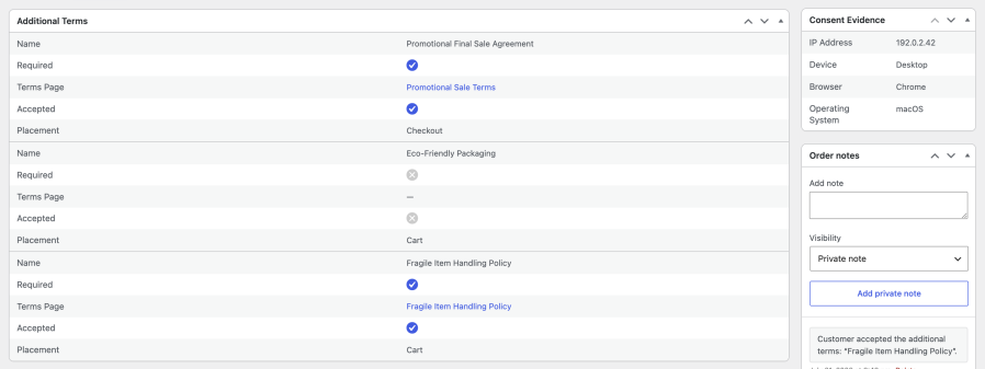 WooCommerce order screen showing Additional Terms acceptance records and optional consent evidence with IP address and device details.