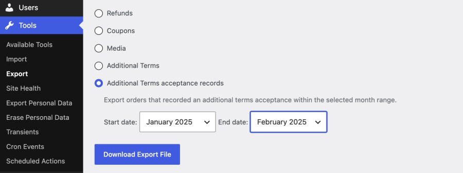 Additional Terms Pro acceptance records export screen with monthly date range selection and download export file button.
