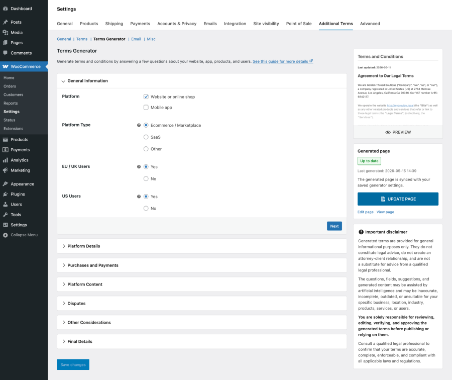 Additional Terms Pro Terms Generator settings screen showing a guided setup form, generated terms preview, page update status, and disclaimer panel.