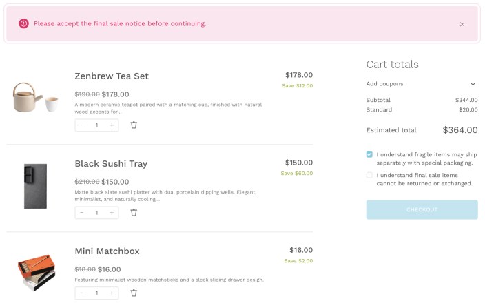 Additional Terms Pro checkout agreement checkboxes displayed on the WooCommerce Cart page with required terms validation.