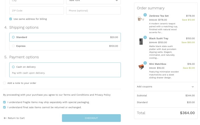 Additional Terms Pro agreement checkboxes displayed on the WooCommerce Checkout page with accepted cart terms shown before order placement.