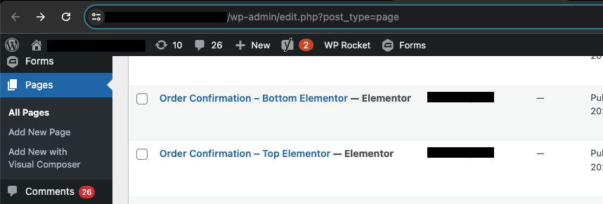 Admin interface of a WordPress site showing the Pages section with pages created for Custom Content Blocks in the WooCommerce Order Confirmation page.