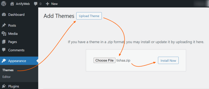 Upload and Install Tishaa Theme