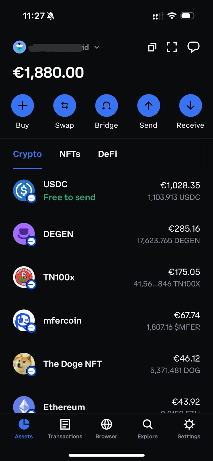 A screenshot of a digital wallet containing multiple cryptocurrencies