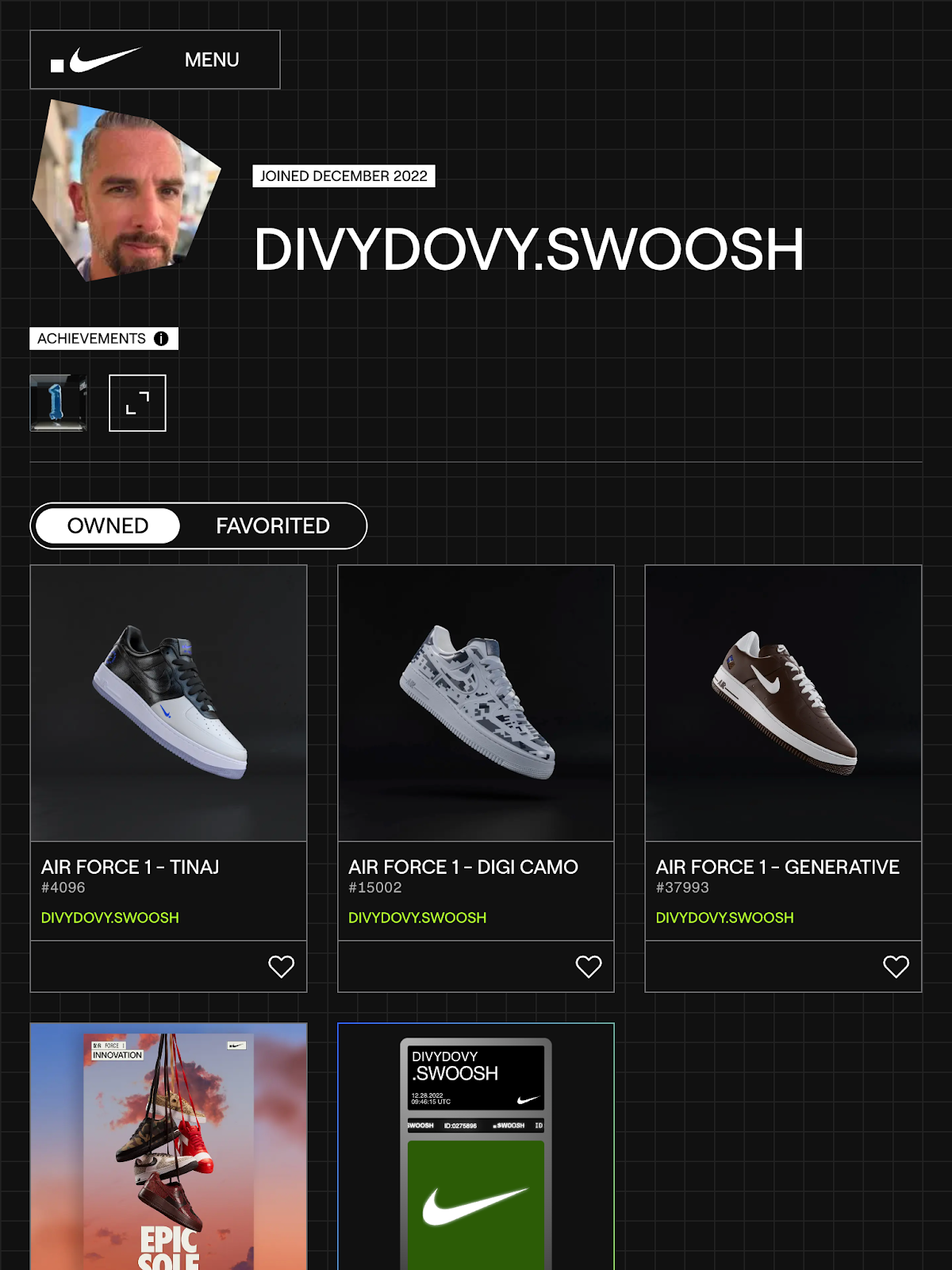 An screenshot of an NFT wallet on Nike’s .swoosh.