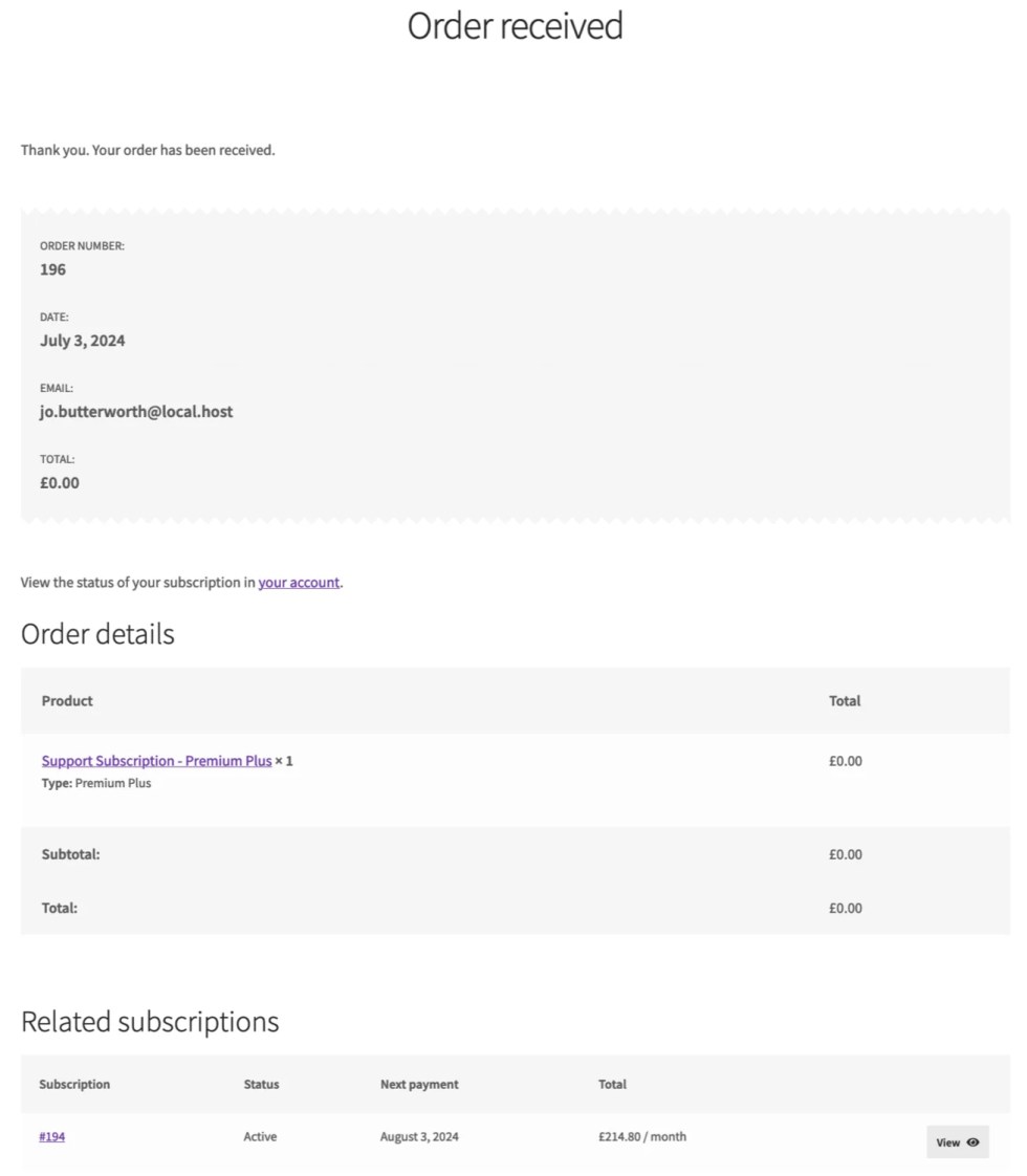 Once the switch is completed on the checkout page, the standard Order Received page is displayed.