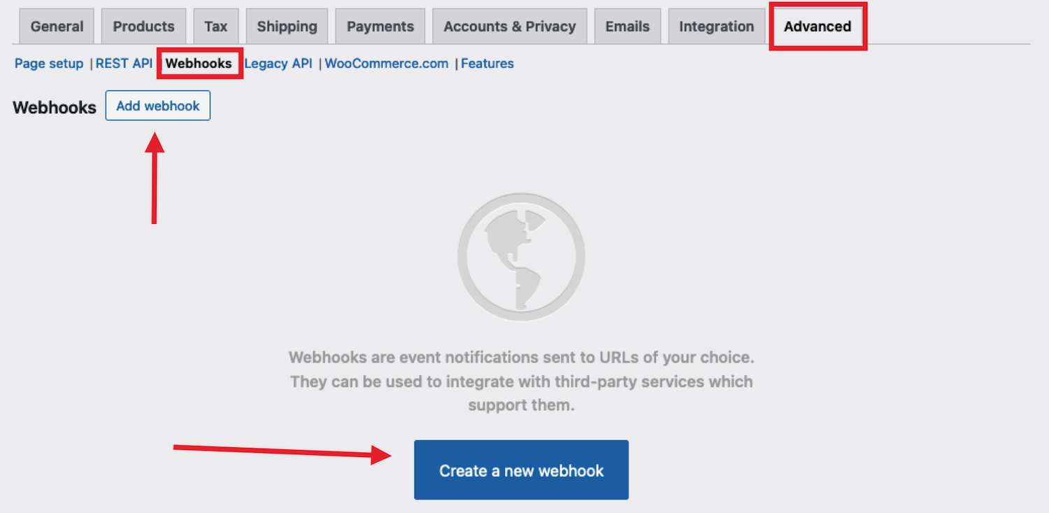 When no webhooks have been added yet, a "Create a new webhook button" is prominently displayed.