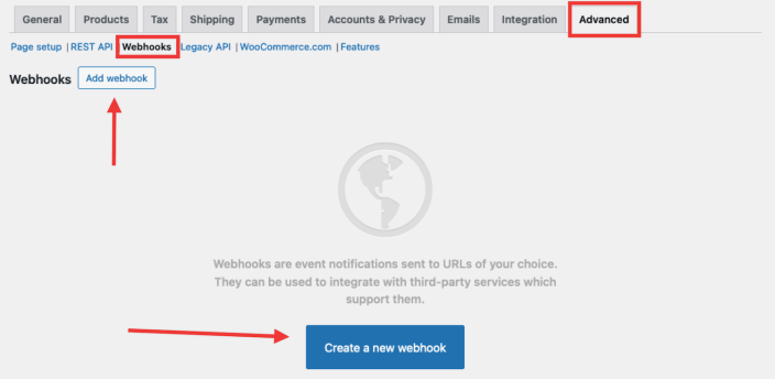 When no webhooks have been added yet, a "Create a new webhook button" is prominently displayed.