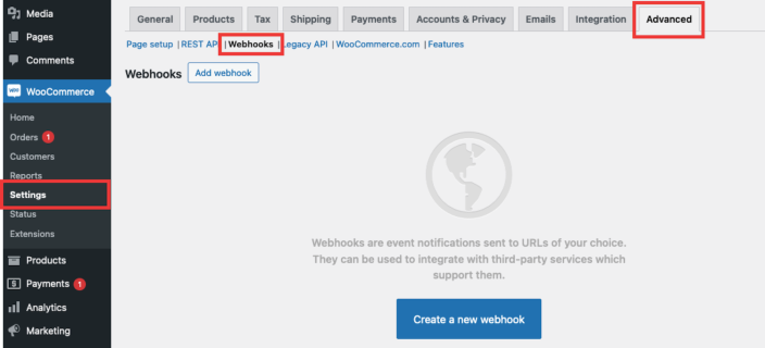 The webhooks screen is found under WooCommerce > Settings > Advanced > Webhooks. 