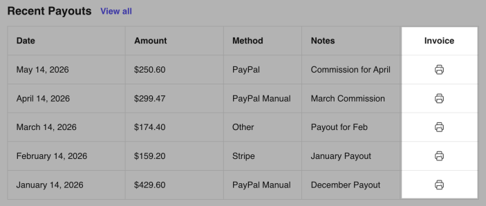 Affiliate account print invoice